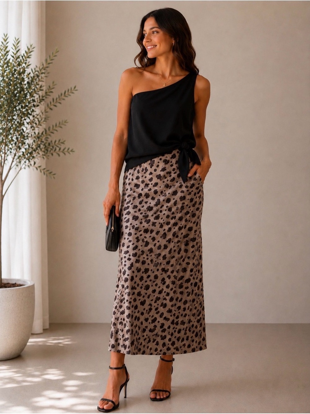 Animal Print Satin Midi Skirt Black Taupe Leopard Cheetah Medium